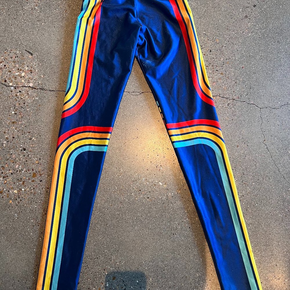 Goldsheep leggings, blue with retro rainbow stripes